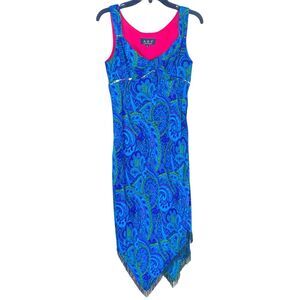 Vtg Y2k Silk Tank Dress Sz 6 Handkerchief Hem Fairycore Blue Paisley Boho ABS